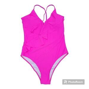 One Piece Swimsuit Y2K Cross Back Adjustable Fiusha Pink Neon V Neck Size L